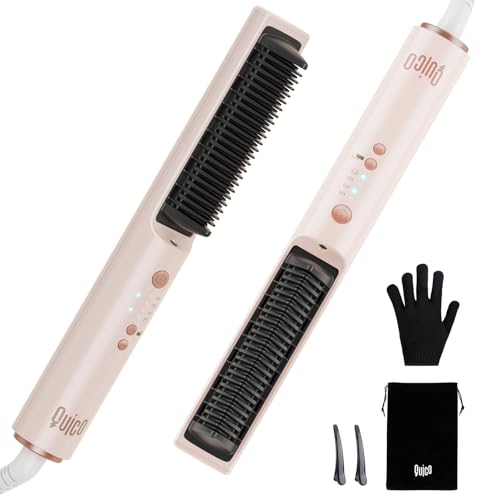 Quico Hair Straightener Brush, 100-240V Dual Voltage Ionic Straightener Brush for Women, Ceramic Travel Hair Straightener Comb, Electric Hot Comb Flat Iron, Auto Temp Lock & Auto-Off Function, Pink
