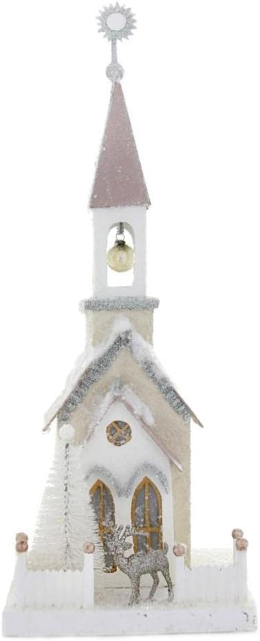 Cody Foster 16.5" Tall White and Silver Church with Steeple Deer Christmas Village House