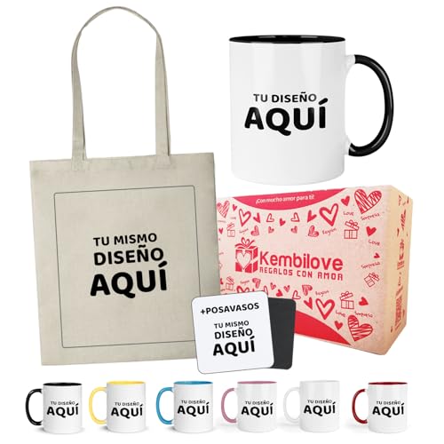 Kembilove® Pack taza personalizada con tu diseño – Incluye caja regalo decorada y opción bolsa y posavasos personalizados a juego – Regalo original para cumpleaños navidad o empresa