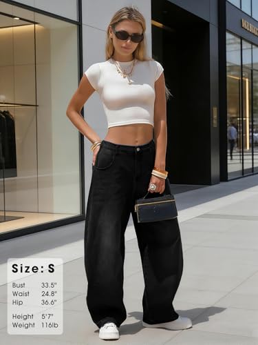 Image of EXLURA Womens Barrel Jeans Wide Leg Y2K Boyfriend Denim Pants Hip Hop Vintage Baggy Jeans Cotton Mid-Low Elastic Waist Pants