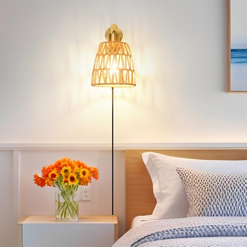 Image of Boho Plug in Wall Sconce Set of 2, Gold Plug Sconces Set of 2, Rattan Sconce Light Fixture with 5.9FT On /Off Switch Cord, Farmhouse Wall Mounted Light for Bedroom Living Room Reading Hallway