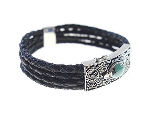 Natural Turquoise Gemstone, Authentic 925 Sterling Silver Fine Work Handmade Bracelet For Men & Women, Hand Knotted Leather Strand Filigree Designer Modern Fashion Wristband Jewelry, 7.5"- 8” Length #TOP3