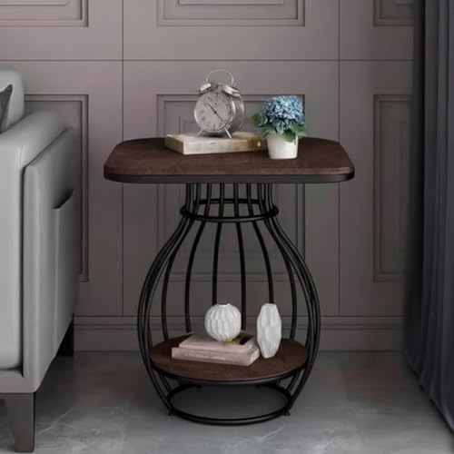Image of Modern Side Table Corners Living Room Square Table Double Tier Sofa Side Table,Round Base Coffee Table,Portable Bedroom Nightstands Small Space (Black Brown)