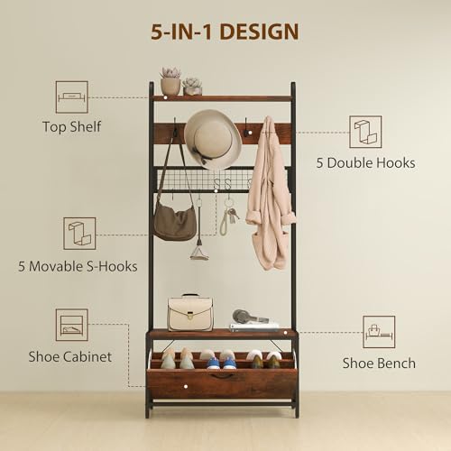HOMCOM Coat Rack with Shoe Storage Bench and Grid Panel, Hall Tree, 5-In-1 Industrial Coat Rack Stand with Shoe Cabinet and 10 Hooks for Hallway, Entryway, Living Room, Rustic Brown - Image 2