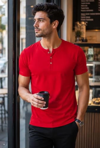 Image of London Hills T Shirt for Man | Men Henley Neck Tshirts | Tshirt Shirts Men | Gym T Shirts for Mens Workout T-Shirts for Man Cotton Stylish Henly Neck T Shirt Half Sleeve Regular Fit Solid Multicolour