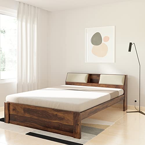 Image of STRATA FURNITURE Solid Sheesham Wood Cazz Queen Size Bed with Headboard Storage | Palang Cots Wooden Double Beds | Ideal Furniture for Living Room Bedroom and Hotel (Natural Finish)