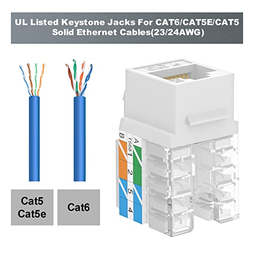 VCELINK RJ45 Cat6 Keystone Jacks UL-Listed Slim Profile, 10-Pack Ethernet Punch Down Keystone UTP, 90-Degree Modular Keystone Connector Adapter, White - Thumbnail 2