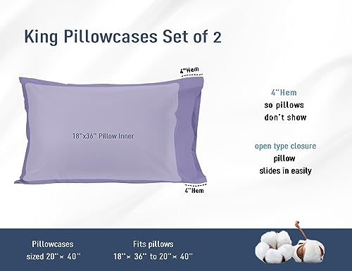 Pillow Cases, King Size Cotton Percale Weave Pillowcases, Pre-Shrunk Breathable and Hypoallergenic Pillowcases, Set of 2 (2 Piece King 20 Inch x 40 Inch, Purple)