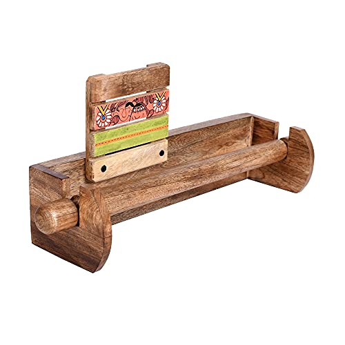 Image of Aakriti Art Creations Madhubani Art Wooden Towel Holder | Handcrafted Matte Finish Natural Brown Wall Mounted Towel Holder for Bath & Wash Area