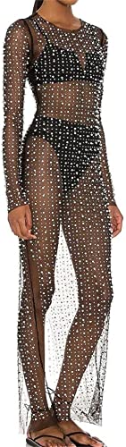 LOFAAC Women Sexy Pearl Rhinestone See Through Cover Up Dress Sheer Mesh Swimwear Bikini Beach Bathing Suit Coverups3