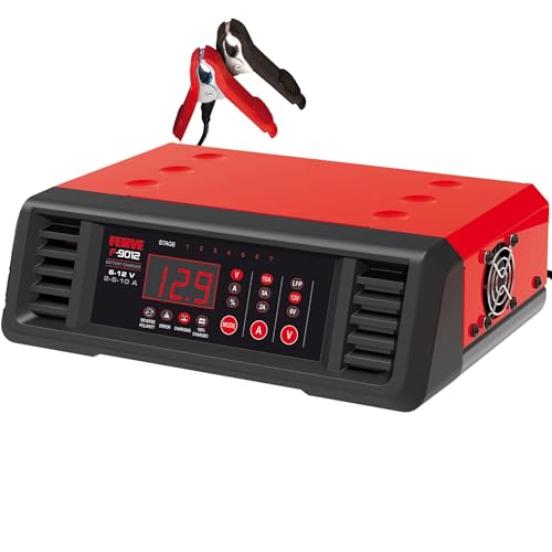Ferve F-9012 Cargador de Bateria Automático - Mantenedor Inteligente 2-5-10A 6V/12V para Moto y Coche - Tecnología RF - Autoreinicio - con Pinzas y Terminales - para Baterias de Plomo-Ácido y Litio.