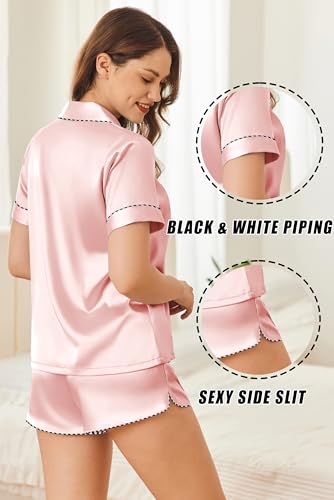 Ekouaer Womens Silk Satin Pajamas Set Short Sleeve Pj Sets Button Down Pjs 2 Piece Sleepwear Loungewear S-XXL3