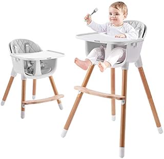 IKARE Wooden Natural Baby High Chair W/ Removable Tray & Safety Harness, 3-in-1 Infant Highchair / Booster / Kid Chair | Grows with Your Child | Adjustable Legs | Modern Wood Design (Gray)