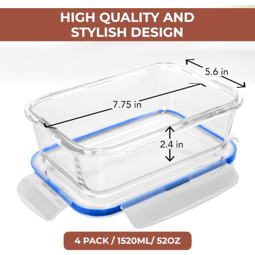 Image of Razab 6.5 Cups / 52 Oz 4 Piece (2 Containers + 2 Lids) Glass Food Storage Containers Set with Airtight Locking Lids - For Storing, Baking & Serving BPA Free, Leakproof - Microwave, Freezer & Oven Safe