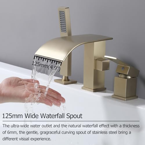 Grifería para bañera romana con ducha de mano, montaje en cubierta, acabado en oro cepillado | Desagüe de 3 orificios con efecto cascada miniatura 5