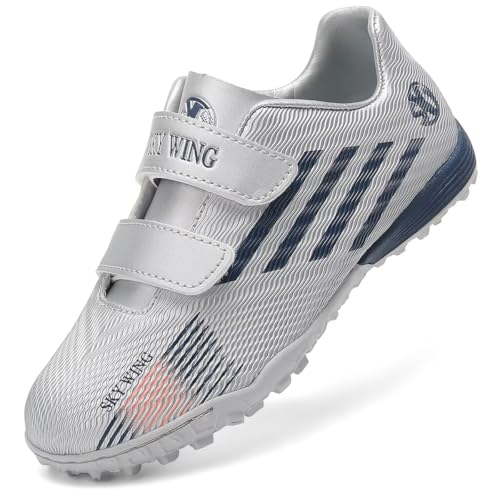 SKY WING Boys And Girls Soccer Cleats IC Or IN Sole Soccer Shoes For Unisex Kid Indoor Outdoor Hook & Loop Football Shoes Suitable Little Kid And Big Kid Silver-2 29 EU