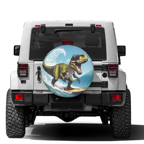 Image of Delerain Spare Tire Cover Dinosaur Surfing Wheel Covers Sun Protection Waterproof for Truck RV Trailer SUV and Many Vehicle (14 Inch for Diameter 23 inch-27 inch)