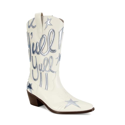 Cowboy Boots for Women Pull On Mid Calf Western Boots Fashion Embroidery Cowgirl Boots Pointed Toe Chunky Heel Boots