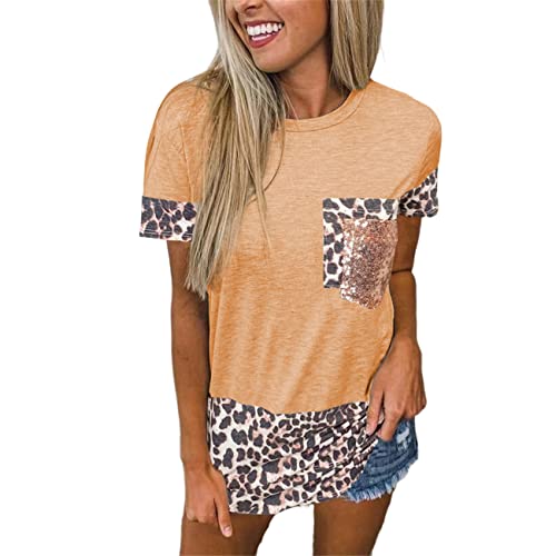 Tops con Estampado de Leopardo para Mujer Camiseta de Manga Corta con Cuello Redondo Camisa Informal Blusas Tipo túnica de Retazos de Bloque de Color Sudadera con Bolsillo con Paneles Camiseta Cover