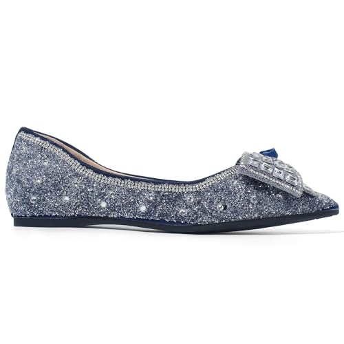 Women's Pointed Toe Flats Diamond Bow Sequin Comfortable Slip On Flats Light Weight Dress Shoes2