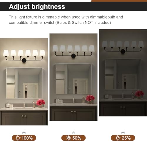 Image of Bathroom Vanity Light, Matte Black Bathroom Lighting Fixtures Over Mirror | 6-Light Bathroom Light Fixtures with Flared White Fabric Shade, E26 Socket (ETL Listed)