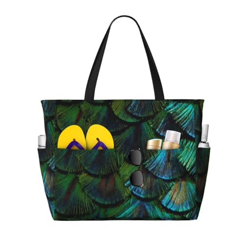 Grand sac de plage plume de paon et sac fourre-tout avec poignées pour femme active