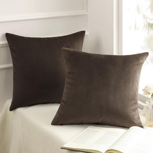 Phantoscope Pack of 2 Velvet Decorative Throw Decorative Pillow Cover Soft Solid Square Cushion Case for Couch Dark Coffee 20 x 20 inches 50 x 50 cm