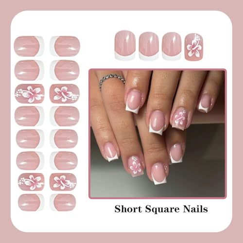 Image of 24Pcs White French Tip Press on Nails Flower Fake Nails with Summer design Nude Glossy Full Cover Short Square Stick on Nail for Women Manicure
