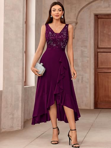 Image of Miusol Women's Vintage V-Neck Sleeveless Sequined Floral Lace Ruffle Split Evening Party Dress | Deep V-neck, sleeveless, sequin lace, ruffle design dress, suit for cocktail party, wedding and banquet