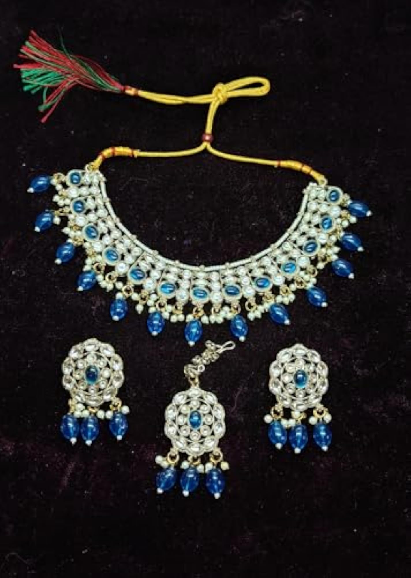 White Plated Oval Beaded Kundan Choker Necklace Set