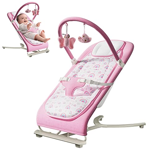 Image of Baby Bouncer Seat for Infants, Foldable Baby Rocker & Stationary Seat with 3-Point Safety Harness, Seat & Infant to Toddler Rocker Removable Fabric, Baby Bouncer for Babies 0-6 Months (Pink)