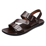 BOTRENT Men's Leather Buckle Casual Flat Sandals with Adjustable Dual use Ankle Straps Slip-On Beach Sandals Open Toe Non-Slip Soft Comfortable Slide Sandals (Brown,11)