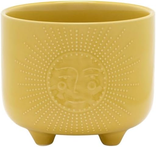 Napco Imports Indoor Outdoor Footed Plant Succulent Herb Flower Pot 5.75 Inch Ceramic Yellow Sun Face Cache