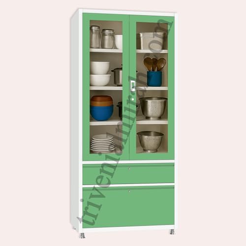 Image of Triveni Almirah Annapurna-5 Steel Wardrobe for Kitchen & Home Use | 10 Year Guarantee on Paint & Locks | 2-Door Glass Almirah with 2 Drawers | Separate Locks for Doors & Drawers | Powder-Coated Finish