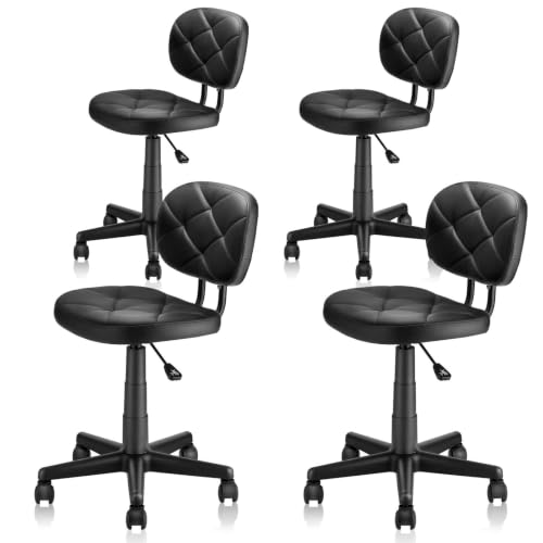 Image of KLASIKA PU Leather Rolling Stool with Back and Wheels, Adjustable Diamond Upholstered Drafting Stool, Multi-Purpose Desk Chair for Home Office Bar Kitchen Shop, Black (4PK)