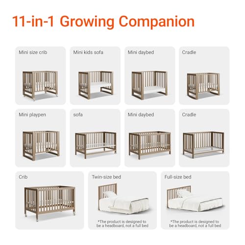 Image of MAMAZING EvoNest Baby Crib, 11 in 1 Convertible Crib with Wheels, 100% New Zealand Wood Growing Bed, Full Size Crib for Baby, 4 Adjustable Mattress Height, Walnut Brown | long-term value