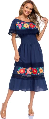 Image of YZXDORWJ Women Embroidered Mexican Peasant Casual Sexy Lace Off-Shoulder Long Dress