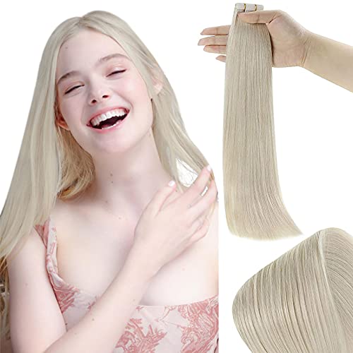 RUNATURE Tape in Hair Extensions Human Hair White Blonde Hair Extensions Tape Hair Extensions 24inch Skin Weft Hair Extensions 50g Invisible Tape in Hair Extensions 20pcs Tape Hair Extensions Blonde