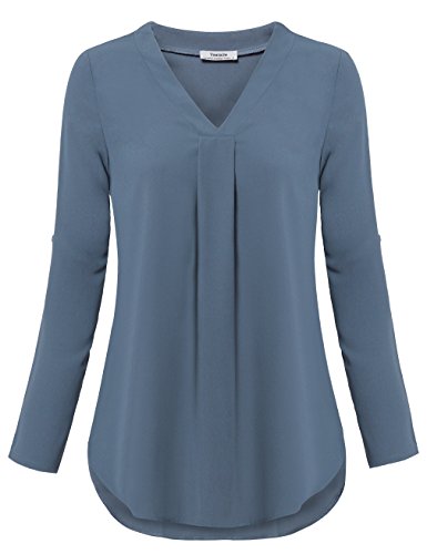 Youtalia Women 3/4 Sleeve Tops, Ladies Chiffon V Neck Blouse Pleated Curved Hem Casual Tunic Tops (Xx-Large, Blue Grey) #TOP3