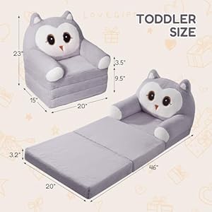 Kids sofa chair for toddler 2 in 1 folding soft baby couch with removable cover comfy plush childrens recliner convertible floor sofa bed to lounger for girls boys age 1 3owls grey  urban country home decor