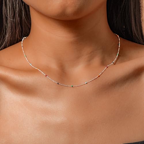 Color Beaded Choker Necklace for Women S925 Sterling Silver CZ Cute Rainbow Chain Necklace Bohemian Beaded Necklaces Unique Jewelry Gifts for Women Men Birthday Christmas3