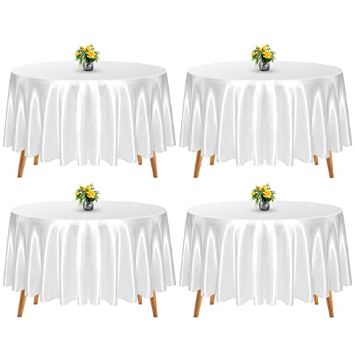 Lykoow 4 Packs White Round Satin Tablecloth Overlay Round Silky Satin Table Cover 120 Inch Bright Tablecloth Smooth Fabric Table Decoration For Parties Holiday Wedding Birthday Banquet(White) #TOP8