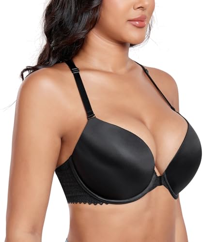 DotVol Women's Plunge Underwire Front Closure Push Up Bra Convertible Bohemian Back Everyday Bra(Black, 38DD) - Image 3