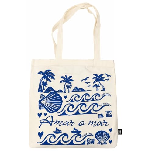 Bolsa Bag Linha Mar Alça de Ombro Dupla Longa Estampa Oceano Animais Marinhos Tema Desenho Sacola Ecologica Moda Praia Passeio Amplo Diário Pano Reforçada Feminina Leve Tamanho Grande (Amar o Mar)