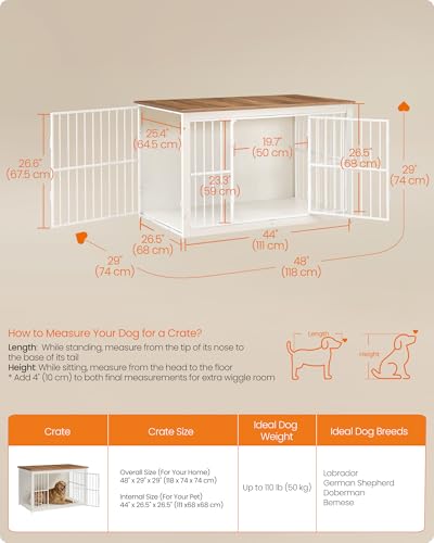 Image of Feandrea Wooden Dog Crate Furniture, 48 Inches Heavy-Duty Kennel for Dogs up to 110 lb, with Double Doors and Enclosed Wood Base, Modern Pet Cage End Table Indoor, Rustic White and Honey Brown