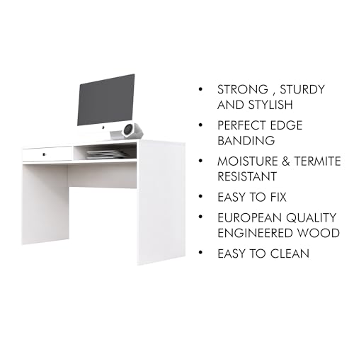 Image of Bniture Wooden Study Table for Home | Engineered Wood Study Table with Storage Shelf & Drawer | Multi Purpose Computer Desk for Writing & Study | Laptop Table for Study Room & Office | Frosty White