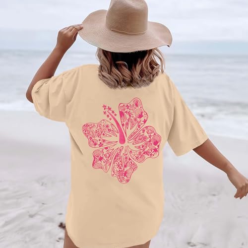 Image of Hawaiian T Shirts for Women Oversized Aesthetic Hibiscus Flower Beach Shirt Teens Preppy Tropical Graphic Tee Tops
