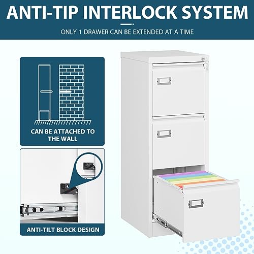 Image of MIIIKO 3 Drawer File Cabinet, White Vertical Filing Cabinets with Lock, Home Office File Folders Storage Cabinet for Letter Legal A4 File Size