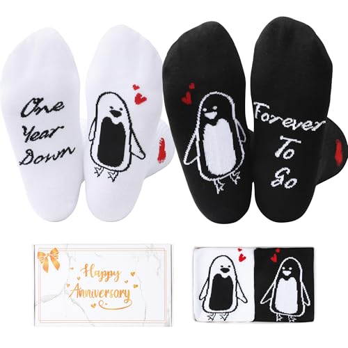 1 Year Anniversary Romantic Gifts Set – 2 Pairs of Penguin Couple Socks with 1st Anniversary Card & Gift Box for Couples, Him, Her, Husband, Wife, 1 Year Wedding Anniversary
