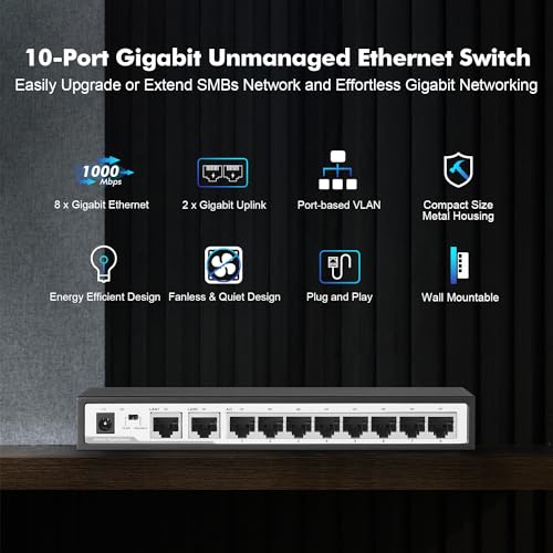 Image of 10 Port Gigabit Switch, 8 x 100 /1000Mbps Ports, 2 Gigabit Uplink, Support Vlan, Metal Fanless Unmanaged Plug and Play YuLinca Ethernet Switch